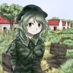  1girl absurdres breasts building camouflage camouflage_jacket day diu9you flat_cap green_eyes green_hair green_headwear hat highres jacket jewelry medium_breasts medium_hair military military_uniform music outdoors singing smile solo ssethtzeentach touhou tree ugandan_flag uniform village yamashiro_takane 