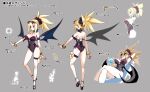  1girl anklet arm_behind_head arm_up bad_link black_footwear black_wings blonde_hair bracelet breasts bright_pupils choker cleavage cropped_legs crossed_legs crystal_earrings demon_girl demon_wings disgaea disgaea_rpg drink earrings eyewear_on_head full_body grey_background half_updo high_heels highres holding holding_drink holster jewelry large_breasts long_hair multiple_views official_art photoshop_(medium) pointy_ears profile reclining red_eyes reference_sheet rozalin simple_background slit_pupils smile strapless strapless_swimsuit sunglasses swimsuit text_focus thigh_holster turnaround wings 