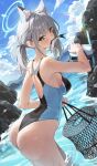  1girl absurdres animal_ear_fluff animal_ears ass bare_back bent_over blue_archive blue_eyes blue_sky blurry breasts cloud cloudy_sky commentary_request depth_of_field dual_wielding extra_ears fish fishnets from_behind grey_hair hair_between_eyes halo highres holding horizon in_water looking_at_viewer looking_back low_ponytail medium_hair mouth_hold netural ocean official_alternate_costume official_alternate_hairstyle outdoors shiroko_(blue_archive) shiroko_(swimsuit)_(blue_archive) sideboob sidelocks sky sleeveless snorkel_mask solo swimsuit wet wet_clothes wet_swimsuit wolf_ears wolf_girl 