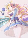  1girl :q absurdres blonde_hair blue_dress blue_eyes bow breasts cafe_cuties_gwen closed_mouth cone_hair_bun cowboy_shot cup dress drill_hair gwen_(league_of_legends) hair_bun hand_up heart highres holding holding_scissors large_breasts league_of_legends long_hair long_sleeves looking_at_viewer maid_headdress multicolored_hair oversized_object panties panties_under_pantyhose pantyhose parted_bangs pink_hair purple_bow quan_mao_zi scissors smile solo tongue tongue_out twin_drills twintails two-tone_hair underwear white_pantyhose 