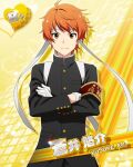  1boy ahoge aoi_yusuke armband buttons card_(medium) character_name gloves headband idolmaster idolmaster_side-m long_sleeves male_focus official_art orange_eyes orange_hair school_uniform solo uniform white_gloves white_headband yellow_background 