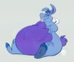  2023 anthro belly big_belly blue_hair buckteeth common_hippopotamus eyelashes female hair hand_on_stomach hippopotamid hoppopotamus_(the_wuzzles) huge_belly hybrid lagomorph leporid mammal multicolored_body nude obese obese_anthro obese_female overweight overweight_anthro overweight_female rabbit signature simple_background sitting smile solo tacocatarts teeth tongue two_tone_body wings 