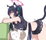  1girl animal_ear_fluff animal_ears armpits arona&#039;s_sensei_doodle_(blue_archive) bangs black_hair black_shirt blue_archive breasts cat_ears cat_tail covered_nipples crop_top crossed_arms extra_ears game_controller_print hair_ribbon halo hanging_breasts leaning_forward long_hair microskirt pleated_skirt red_eyes ribbon sawkm sensei_(blue_archive) serika_(blue_archive) shirt skirt sweat tail twintails 