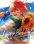  1boy black_sweater_vest blue_ribbon d.gray-man dated earrings eyepatch floating_hair flower from_behind green_eyes hair_between_eyes happy_birthday holding holding_flower jewelry lavi looking_at_viewer looking_back male_focus open_mouth orange_hair petals ribbon shirt short_hair sidelocks smile solo sunflower sweater_vest teeth uzura-000 white_shirt 