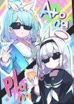  2girls a.r.o.n.a_(blue_archive) arona_(blue_archive) black_choker black_coat black_hairband black_sailor_collar black_serafuku blue_archive blue_hair blue_halo blue_serafuku blunt_bangs braid choker closed_mouth coat colored_inner_hair commentary cup drinking_glass drinking_straw hair_over_one_eye hair_ribbon hairband highres holding holding_cup inward_v long_hair long_sleeves multicolored_hair multiple_girls neckerchief omochishiki open_clothes open_coat parted_lips pink_halo purple_hair ribbon sailor_collar school_uniform serafuku short_hair side_braid sidelocks single_braid sparkle sunglasses upper_body v white_choker white_hair white_hairband white_neckerchief white_ribbon white_sailor_collar wine_glass 