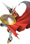  armor bakeneko38 brown_eyes cape digimon digimon_(creature) digimon_tamers dukemon from_side full_body helm helmet highres holding holding_shield knee_up knight lance no_humans polearm red_cape shield simple_background solo weapon white_armor white_background 