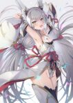  1girl :d animal_ear_fluff animal_ears armpits arms_behind_head arms_up ass black_thighhighs breasts brown_eyes cleavage commentary_request fang gradient_background grey_background grey_hair groin inoue_takuya_(tactactak) long_hair looking_at_viewer low_twintails medium_breasts nia_(xenoblade) smile solo thighhighs twintails very_long_hair white_background xenoblade_chronicles_(series) xenoblade_chronicles_2 