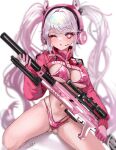  1girl ;o absurdres alice_(nikke) animal_ear_headphones animal_ears ass_visible_through_thighs bikini blurry blush breasts clothes_writing cowboy_shot cropped_jacket depth_of_field dot_nose eyelashes fake_animal_ears gloves goddess_of_victory:_nikke gun hair_intakes headphones headset heart heart-shaped_pupils highres holding holding_gun holding_weapon jacket long_hair long_sleeves looking_at_viewer medium_breasts navel one_eye_closed open_mouth pink_bikini pink_eyes pink_gloves pink_headphones red_jacket rifle rosebell shiny_clothes sidelocks signature simple_background skin_tight skindentation smile solo standing string_bikini swimsuit symbol-shaped_pupils thighs twintails weapon white_background white_hair 