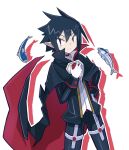  1boy black_cape black_choker black_hair black_pants black_shirt cape choker closed_mouth cowboy_shot disgaea fish gloves hand_on_own_hip highres legs_apart looking_at_viewer makai_senki_disgaea_4 male_focus pale_skin pants popped_collar red_eyes sardine shiny_clothes shirt simple_background smile solo spiked_hair standing suaman valvatorez_(disgaea) white_background white_gloves 