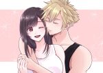  1boy 1girl black_hair black_singlet blonde_hair closed_eyes cloud_strife final_fantasy final_fantasy_vii floral_print highres hug kt9_ct one_eye_closed signature singlet smile tifa_lockhart white_singlet 