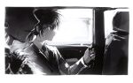  2boys border car_interior chrollo_lucilfer closed_mouth collared_shirt earrings from_side fur_trim greyscale hunter_x_hunter jacket jewelry kiko kurapika long_sleeves male_focus monochrome multiple_boys profile shirt 