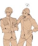  2boys blush bracelet collared_shirt crossed_arms earrings final_fantasy final_fantasy_viii hand_on_own_hip highres hoop_earrings jewelry laguna_loire long_hair long_sleeves male_focus military_uniform monochrome multiple_boys musical_note necklace nini_tw99 pants ponytail ring scar scar_on_face seed_uniform_(ff8) shirt short_hair simple_background squall_leonhart standing uniform white_background 