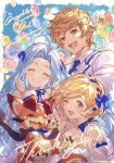  1boy 2girls ahoge anniversary balloon blonde_hair blue_hair brown_eyes brown_hair closed_eyes copyright_name dragon dress english_text ewiyar_(granblue_fantasy) galleon_(granblue_fantasy) gran_(granblue_fantasy) granblue_fantasy highres jacket long_hair lu_woh_(granblue_fantasy) lyria_(granblue_fantasy) minaba_hideo multiple_girls necktie official_art one_eye_closed shirt short_hair smile teeth vyrn_(granblue_fantasy) wamdus_(granblue_fantasy) white_dress white_jacket white_shirt wilnas_(granblue_fantasy) 