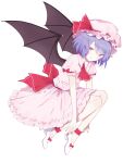  1girl ascot back_bow bat_wings blue_hair bow closed_mouth frilled_skirt frilled_sleeves frills from_side hair_between_eyes hat large_bow light_smile looking_at_viewer mob_cap no_socks perri_(mnemosine) pink_headwear pink_shirt pink_skirt puffy_short_sleeves puffy_sleeves red_ascot red_bow red_eyes red_ribbon remilia_scarlet ribbon ribbon-trimmed_headwear ribbon_trim shirt short_hair short_sleeves simple_background skirt solo touhou white_background white_footwear wings 