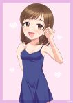  1girl adjusting_hair aged_down blue_dress blush breasts brown_eyes brown_hair cleavage commentary cowboy_shot dress female_child hair_ornament hairclip heart highres idolmaster idolmaster_cinderella_girls looking_at_viewer medium_hair nitta_minami no_bra open_mouth pink_background small_breasts smile solo symbol-only_commentary wgm_oekaki 