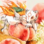  amaterasu_(ookami) animal animal_focus artist_name black_eyes closed_mouth commentary facial_mark fire flower fluffybiscotti food fruit ookami_(game) oversized_food oversized_object peach solo white_flower white_fur wolf 
