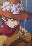  1boy absurdres blue_background blue_eyes brown_hair flower guitar hair_between_eyes hat hat_flower highres holding holding_guitar holding_instrument holding_smoking_pipe instrument long_sleeves male_focus moomin orange_headwear red_scarf scarf shirt short_hair smoking smoking_pipe snufkin solo white_flower yellow_shirt yuu_(masarunomori) 