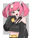  1girl :d bare_shoulders black_hair black_shirt blush commentary_request crop_top fang grey_background grey_eyes hair_ornament hairclip hand_up highres long_sleeves looking_at_viewer midriff multicolored_hair off-shoulder_shirt off_shoulder pink_hair pokemon pokemon_(anime) pokemon_horizons puffy_long_sleeves puffy_sleeves sango_(pokemon) shirt sleeves_past_fingers sleeves_past_wrists smile solo streaked_hair twintails two-tone_background upper_body white_background x_hair_ornament yude_tamago 
