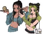  2girls alternate_hairstyle applying_makeup arm_warmers bag black_hair cosmetics crop_top cropped_legs double_bun dreadlocks ermes_costello eyeliner fu_r_y green_eyes green_hair green_lips green_nails grey_hair hair_bun handbag jojo_no_kimyou_na_bouken kujo_jolyne lipstick lipstick_tube makeup makeup_brush midriff multicolored_hair multiple_girls navel stone_ocean strapless tube_top two-tone_hair 