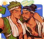  ... 2boys arm_around_neck artist_name asian beard brothers collarbone crossed_arms english_commentary english_text facial_hair genji_(overwatch) green_hair green_shirt hachiwi hanzo_(overwatch) highres holding holding_phone looking_at_another male_focus multiple_boys official_alternate_costume overwatch pectorals phone selfie shirt short_hair siblings simple_background summer sweatdrop taking_picture upper_body v-shaped_eyebrows 