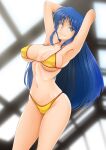 1girl absurdres armpits arms_behind_head arms_up bikini blue_eyes blue_hair blurry blurry_background breasts closed_mouth commentary_request dirty_pair highleg highleg_bikini highres indoors long_hair looking_at_viewer medium_breasts nanashi_noiji navel simple_background smile solo stomach swimsuit thighs yellow_bikini yuri_(dirty_pair) 