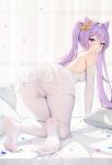 1girl all_fours ass bare_shoulders blush closed_mouth double_bun feet from_behind full_body genshin_impact hair_bun hair_ornament highres keqing_(genshin_impact) long_hair looking_at_viewer looking_back muq pantyhose petals pillow purple_eyes purple_hair see-through see-through_skirt skirt soles solo thighs twintails white_pantyhose 