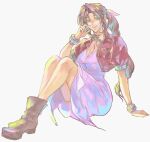  1girl aerith_gainsborough bangle boots bracelet braid braided_ponytail breasts brown_footwear brown_hair center_opening choker cleavage cropped_jacket dress eni_(yoyogieni) final_fantasy final_fantasy_vii full_body green_eyes grey_background hand_on_own_face highres jacket jewelry long_dress long_hair looking_at_viewer medium_breasts parted_bangs parted_lips pink_dress puffy_short_sleeves puffy_sleeves red_jacket ribbon_choker short_sleeves sidelocks single_braid smile solo thighs wavy_hair 