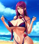  1girl alternate_costume ass bare_shoulders beach bikini bikini_pull blue_bikini blue_sky breasts choker cleavage clothes_pull cloud collar commission cowboy_shot cut_bangs day fire_emblem fire_emblem_engage flower highleg highleg_bikini highres horizon huge_breasts ivy_(fire_emblem) kerana_art long_hair looking_at_viewer mole mole_under_mouth navel ocean open_mouth outdoors purple_eyes purple_hair rose sand sky smile solo spiked spiked_collar spikes swimsuit thorn_print undressing water wide_hips 