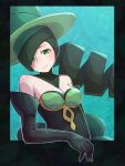  1girl bare_shoulders battle_chatelaine breasts cleavage closed_mouth dress drill_hair elbow_gloves gloves green_dress green_eyes green_gloves green_hair green_headwear highres kotobukkii_(yt_lvlv) long_hair morgan_(pokemon) pokemon pokemon_(game) pokemon_xy smile solo upper_body 