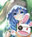  1girl animal_ears animal_hood blue_eyes blue_hair date_a_live eyepatch fake_animal_ears green_hoodie hand_puppet hood hoodie hoshibana_anima light long_hair long_sleeves looking_at_viewer puppet rabbit_ears rabbit_hood smile yoshino_(date_a_live) yoshinon 