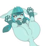  1:1 2023 4_toes ambiguous_gender blue_body blue_fur bodily_fluids butt claws digital_media_(artwork) eeveelution fangs featureless_crotch feet feral fur generation_4_pokemon glaceon green_body green_fur hi_res legs_up lying nintendo on_back open_mouth pawpads paws pokemon pokemon_(species) rapel simple_background solo tail tears teeth toe_claws toes tongue white_background white_eyes 
