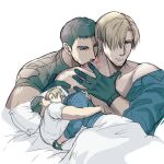  2boys bara bed bite_mark black_gloves black_hair blue_shirt brown_hair chris_redfield closed_eyes curtained_hair facial_hair gloves green_shirt leon_s._kennedy looking_at_another lying male_focus multiple_boys muscular muscular_male on_bed on_side open_clothes open_shirt pillow resident_evil resident_evil_6 shirt short_hair sleeping ugoxqwfqpzfmbu2 white_shirt yaoi 