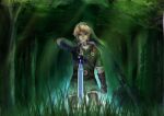  1boy bishounen blonde_hair blue_eyes coat cowboy_shot earrings forest gloves grass green_coat green_headwear holding holding_sword holding_weapon jewelry link male_focus master_sword mek nature pointy_ears sword the_legend_of_zelda weapon 