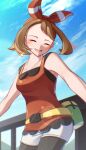  1girl :d bare_arms bike_shorts bike_shorts_under_shorts blurry blush bow_hairband breasts brown_hair closed_eyes cloud collarbone commentary_request day eyelashes from_below hairband highres may_(pokemon) mocacoffee_1001 open_mouth outdoors pokemon pokemon_(game) pokemon_oras shirt shorts signature sky sleeveless sleeveless_shirt smile solo sparkle white_shorts 