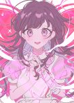  1girl :d apron bandaged_arm bandages black_hair breasts collared_shirt danganronpa_(series) danganronpa_2:_goodbye_despair heart heart-shaped_pupils highres large_breasts long_hair open_mouth own_hands_together pink_eyes pink_shirt pote_(pote_39) puffy_short_sleeves puffy_sleeves red_background shirt short_sleeves smile solo symbol-shaped_pupils teeth tsumiki_mikan upper_teeth_only white_apron 