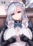  1girl apron azur_lane belfast_(azur_lane) belfast_(serene_steel)_(azur_lane) blue_bow blue_bowtie bow bowtie bra bra_peek braid braided_bangs breasts button_gap check_commentary cleavage commentary_request empty_eyes frilled_apron frills grey_eyes grey_hair heart highres himiya_jouzu large_breasts long_hair looking_at_viewer maid_headdress official_alternate_costume paizuri_invitation partial_commentary pink_bra purple_eyes solo swept_bangs translated underwear upper_body white_apron 