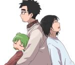  1girl 2boys back-to-back black_eyes black_hair closed_eyes collared_shirt commentary_request facial_hair father_and_daughter from_side glasses green_hair jumbo koiwai_yotsuba leaning_on_person long_sleeves marutei2 mr._koiwai multiple_boys open_mouth profile quad_tails red_shirt shirt short_hair simple_background sleeping stubble sweater upper_body white_background white_shirt white_sweater yotsubato! 