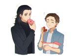  2boys black_hair black_sweater blue_shirt blush box brown_hair chocolate_doughnut closed_eyes closed_mouth collared_jacket collared_shirt doughnut eating fingernails food green_eyes grey_jacket hand_up holding holding_box holding_food jacket loki_(marvel) long_sleeves looking_down male_focus marvel marvel_cinematic_universe medium_hair multiple_boys murdermuffinloki musical_note open_clothes open_jacket open_shirt pastry_box peter_parker pink_doughnut shirt short_hair simple_background smile standing sweater t-shirt turtleneck turtleneck_sweater white_background white_shirt 