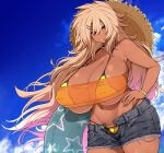  1girl bikini blonde_hair bracelet breasts covered_nipples dark-skinned_female dark_skin denim denim_shorts gigantic_breasts gyaru hair_ornament hairclip hand_on_own_hip hat innertube inverted_nipples jewelry kogal kurokagami_ryuuko long_hair muchigaku otogi_tetsurou outdoors see-through short_shorts shorts sky solo standing strapless sun_hat swimsuit swimsuit_under_clothes tube_top unbuttoned very_long_hair 