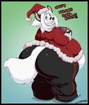  anthro belly belly_overhang big_belly black_bottomwear black_clothing black_pants bottomwear canid canine canis christmas christmas_clothing christmas_headwear clothing deon_(deonwolf) deonwolf exposed_belly fur gradient_background hat headgear headwear hi_res holidays huge_belly male mammal moobs overweight overweight_anthro overweight_male pants red_clothing red_shirt red_topwear santa_hat shirt signature simple_background solo tail text topwear white_body white_fur wolf 