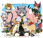  ... 5girls :3 :d :o animal_ears animal_on_head bangs blonde_hair blue_capelet blush brown_eyes brown_hair calico capelet cat cat_tail cheese chen closed_eyes commentary_request dated earrings extra_ears fang food goutokuji_mike green_headwear grey_hair hagoromo hat highres jewelry kaenbyou_rin long_sleeves mc_pyth mob_cap mouse mouse_ears mouse_tail multicolored_hair multiple_girls multiple_tails nazrin on_head open_mouth pendant petting pointy_ears red_eyes red_hair shawl short_hair single_earring smile spoken_ellipsis streaked_hair sweatdrop tail toramaru_shou touhou twintails twitter_username two_tails 