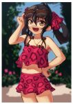  1girl animal_print batayu bikini bikini_skirt black_hair blue_sky blurry blurry_background breasts brown_eyes commentary_request cowboy_shot day hair_ribbon highres idolmaster idolmaster_cinderella_girls jewelry leopard_print long_hair looking_at_viewer matoba_risa navel necklace open_mouth outdoors pink_bikini plant ribbon sky small_breasts smile solo sunglasses swimsuit 