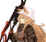  1girl absurdres animal_ears arknights brown_hair brown_jacket ceobe_(arknights) dog_ears dog_girl ears_through_headwear from_side hat highres holding holding_weapon jacket long_hair profile red_eyes simple_background smile soda_(sod4) solo upper_body weapon white_background white_headwear 