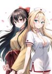  2girls black_hair blonde_hair bow breasts commentary_request cropped_legs green_eyes hat japanese_clothes kimono kimura_pikoriino large_breasts long_hair medium_breasts multiple_girls nurse nurse_cap open_clothes original petals red_bow red_eyes rivalry smile white_background 