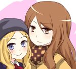  2girls age_difference beret black_headwear blonde_hair blue_eyes blue_shirt brown_coat brown_eyes brown_hair brown_jacket brown_scarf closed_mouth coat commentary_request expressionless frenda_seivelun hair_between_eyes hat height_difference i.u.y jacket light_blush long_hair looking_at_viewer mugino_shizuri multiple_girls neck_ribbon pink_background plaid plaid_scarf portrait ribbon scarf school_uniform shirt smile toaru_majutsu_no_index toaru_majutsu_no_index:_old_testament wavy_hair 