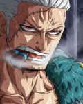  1boy artist_name bbdbg03 brown_eyes cigar fur-trimmed_jacket fur_trim highres jacket male_focus one_piece open_mouth portrait rain scar scar_across_eye short_hair signature smoker_(one_piece) smoking solo teeth watermark white_hair 