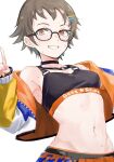  1girl absurdres armpits black-framed_eyewear blush breasts brown_hair cropped_jacket glasses groin highres idolmaster idolmaster_cinderella_girls jacket kitagawa_mahiro multicolored_clothes multicolored_jacket navel short_hair simple_background small_breasts smile solo stomach sweatdrop unu_(unucence) upper_body white_background 