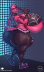  animal_crossing anthro areola big_breasts big_butt blue_eyes bottomwear bracelet breasts butt canid canine canis cherry_(animal_crossing) clothing collar domestic_dog elcoffeecatto female footwear gloves_(marking) hi_res holding_microphone holding_object huge_breasts huge_butt huge_hips huge_thighs hyper hyper_breasts hyper_butt jewelry looking_at_viewer looking_back mammal markings microphone nintendo one_eye_closed open_mouth pants purple_areola red_body shirt shoes solo spiked_bracelet spiked_collar spikes tank_top text thick_thighs topwear url wide_hips 