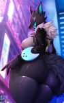  absurd_res anthro big_breasts big_butt black_body black_fur breasts butt butt_focus canid canine canis clothed clothing digital_media_(artwork) epic_games female fortnite fur fur_jacket glistening glistening_body glistening_eyes glowing glowing_eyes hi_res highwire_(fortnite) looking_at_viewer mammal nipples pack_leader_highwire presenting presenting_hindquarters rear_view smile solo straps tail teeth thick_thighs wide_hips wolf xintro 