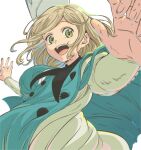  1girl :d black_collar blonde_hair blue_robe coco_(tongari_boushi_no_atelier) collar commentary_request dress green_eyes gyuhii hat long_sleeves looking_at_viewer open_mouth outstretched_arms qifrey&#039;s_atelier_apprentice_uniform robe short_hair simple_background smile solo spread_arms standing teeth tongari_boushi_no_atelier upper_teeth_only white_background white_dress wizard_hat 